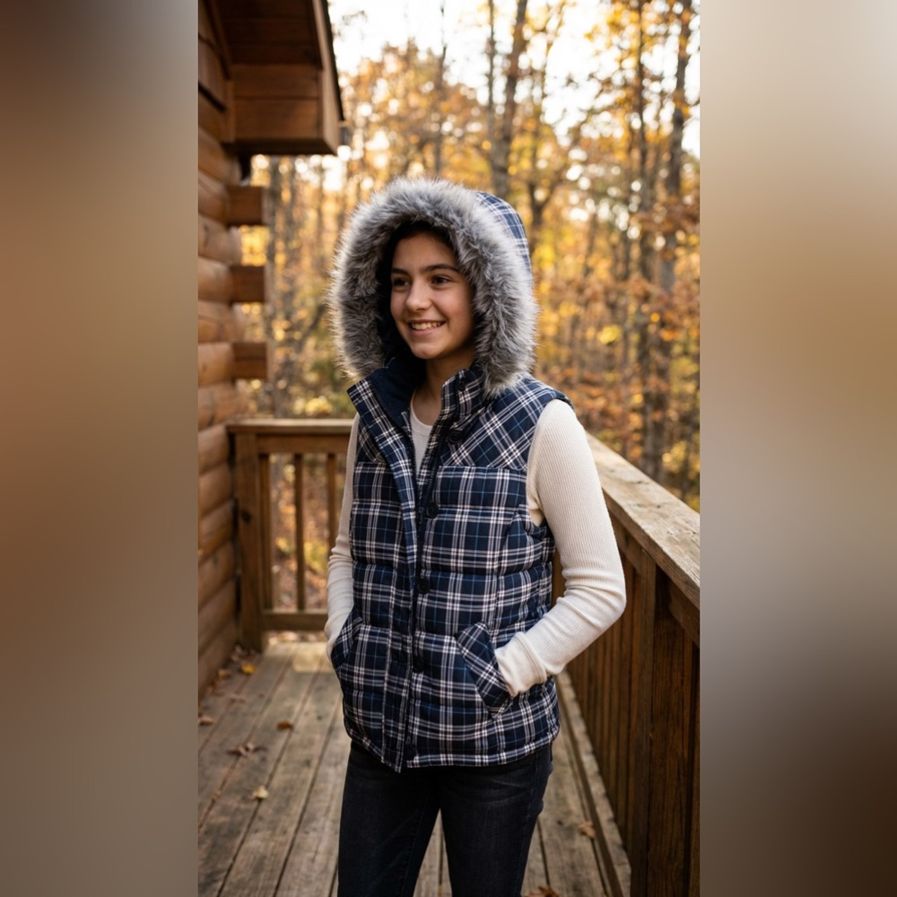 Aeropostale Plaid Puffer Vest Faux Fur Hood Juniors Medium Removable Hood
